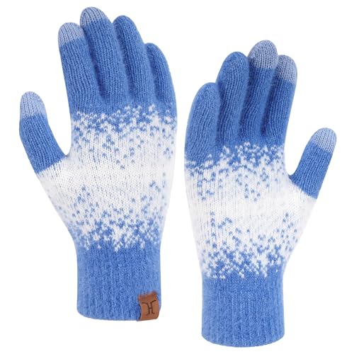 Bequemer Laden Thermo Touchscreen Handschuhe Damen Winter Warm Strickhandschuhe Winterhandschuhe mit Elastisch Manschette Elegant Frauen Geschenk, Denim Blau Weiß von Bequemer Laden