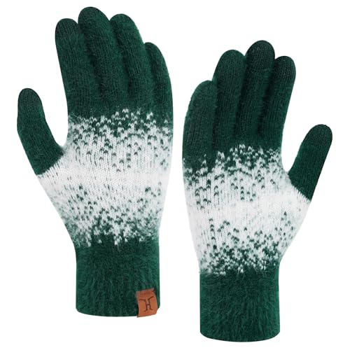 Bequemer Laden Thermo Touchscreen Handschuhe Damen Winter Warm Strickhandschuhe Winterhandschuhe mit Elastisch Manschette Elegant Frauen Geschenk, Dunkelgrün Weiß von Bequemer Laden