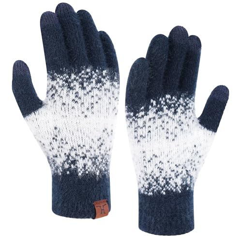 Bequemer Laden Thermo Touchscreen Handschuhe Damen Winter Warm Strickhandschuhe Winterhandschuhe mit Elastisch Manschette Elegant Frauen Geschenk, Marineblau Weiß von Bequemer Laden
