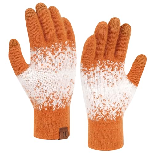 Bequemer Laden Thermo Touchscreen Handschuhe Damen Winter Warm Strickhandschuhe Winterhandschuhe mit Elastisch Manschette Elegant Frauen Geschenk, Orange Weiß von Bequemer Laden