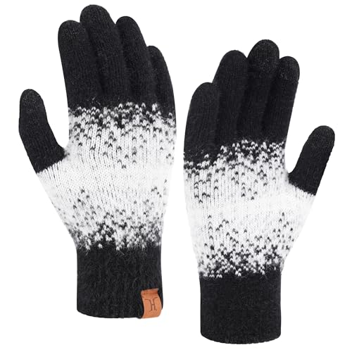 Bequemer Laden Thermo Touchscreen Handschuhe Damen Winter Warm Strickhandschuhe Winterhandschuhe mit Elastisch Manschette Elegant Frauen Geschenk, Schwarz Weiß von Bequemer Laden