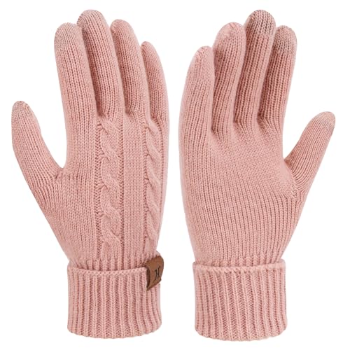 Bequemer Laden Thermo Touchscreen Handschuhe Damen Winter Warm Zopfmuster Winterhandschuhe Strickhandschuhe Fingerhandschuhe mit Elastisch Manschette Frauen Geschenk, Rosa von Bequemer Laden