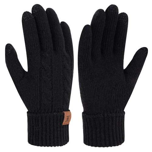 Bequemer Laden Thermo Touchscreen Handschuhe Damen Winter Warm Zopfmuster Winterhandschuhe Strickhandschuhe Fingerhandschuhe mit Elastisch Manschette Frauen Geschenk, Schwarz von Bequemer Laden