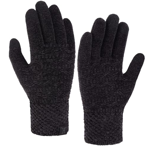 Bequemer Laden Touchscreen Handschuhe Damen Winter Warm Chenille Winterhandschuhe Strickhandschuhe mit Elastisch Manschette Frauen Geschenk, Schwarz von Bequemer Laden