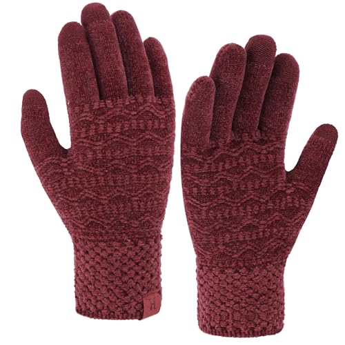 Bequemer Laden Touchscreen Handschuhe Damen Winter Warm Chenille Winterhandschuhe Strickhandschuhe mit Elastisch Manschette Frauen Geschenk, Weinrot von Bequemer Laden