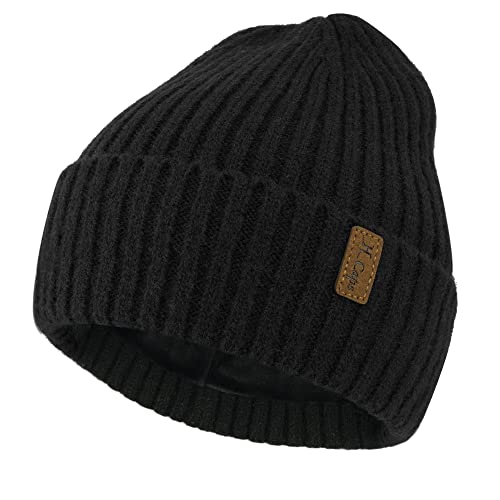 Bequemer Laden Warm Mütze Herren Winter Thermo Wintermütze Basic Mützen Männer Rippe Strickmütze mit Fleece Gefüttert Geschenk, Schwarz von Bequemer Laden