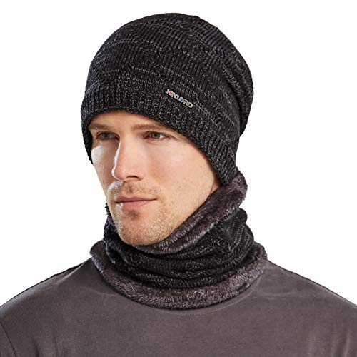 Bequemer Laden Herren Winter Warm Beanie Mütze und Loop Schal Set mit Fleece Gefütterte Wintermütze Strickmütze Schlauchschal für Damen,Einheitsgröße,Z Schwarz von Bequemer Laden