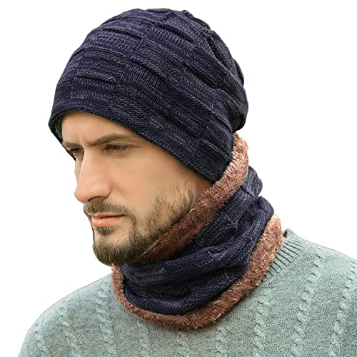 Bequemer Laden Herren Winter Warm Beanie Mütze und Loop Schal Set mit Fleece Gefütterte Wintermütze Strickmütze Schlauchschal für Damen,Einheitsgröße,C Marineblau von Bequemer Laden