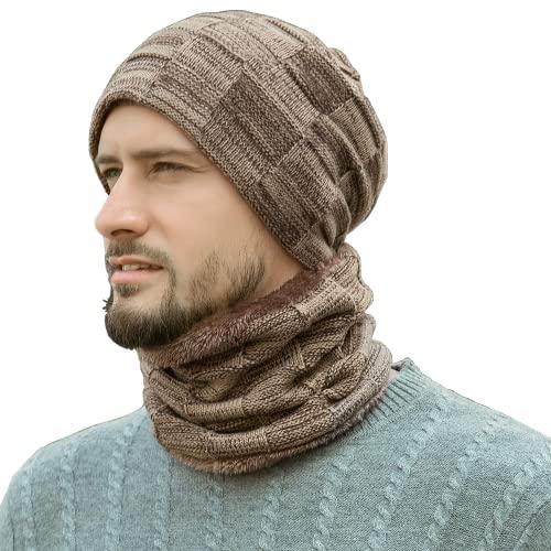 Bequemer Laden Herren Winter Warm Beanie Mütze und Loop Schal Set mit Fleece Gefütterte Wintermütze Strickmütze Schlauchschal für Damen,Einheitsgröße,C Khaki von Bequemer Laden