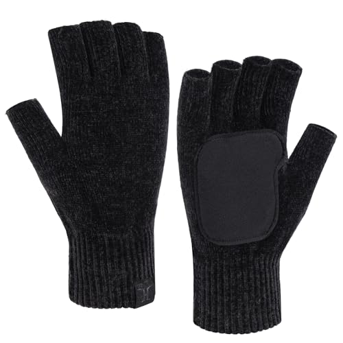 Bequemer Laden Winter Fingerlose Handschuhe Damen Herren Chenille Warm Winterhandschuhe Strickhandschuhe Rutschfeste Fingerhandschuhe Ohne Fingerkuppen Geschenk, Schwarz von Bequemer Laden