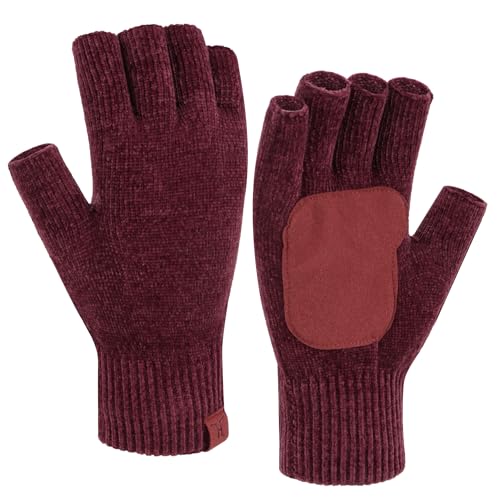 Bequemer Laden Winter Fingerlose Handschuhe Damen Herren Chenille Warm Winterhandschuhe Strickhandschuhe Rutschfeste Fingerhandschuhe Ohne Fingerkuppen Geschenk, Weinrot von Bequemer Laden