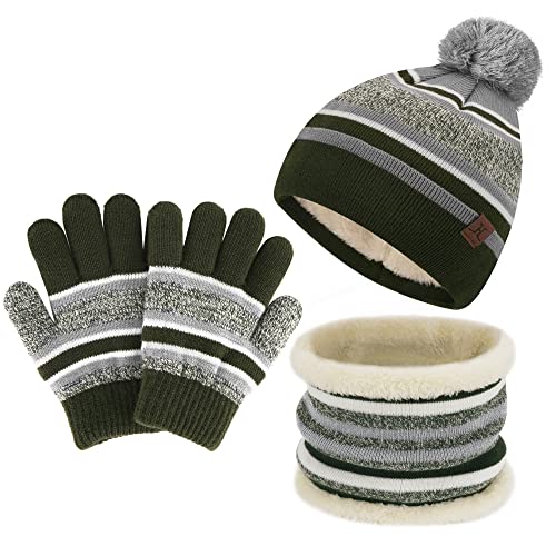 Bequemer Laden Winter Mütze Kinder Loop Schal Handschuhe Set Warm Bommelmütze Wintermütze Strickmütze Thermo Schlauchschal Winterhandschuhe Strickhandschuhe für 2-7 Jahre Jungen Mädchen, Armeegrün von Bequemer Laden