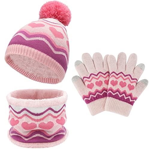Bequemer Laden Winter Mütze Kinder Loop Schal Handschuhe Set Warm Bommelmütze Wintermütze Strickmütze Thermo Schlauchschal Winterhandschuhe Strickhandschuhe für 2-7 Jahre Jungen Mädchen, Y-Rosa von Bequemer Laden