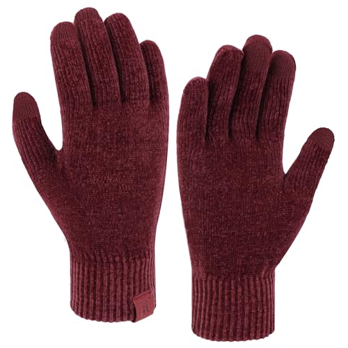 Bequemer Laden Winter Warm Damen Handschuhe Chenille Touchscreen Winterhandschuhe Strickhandschuhe mit Elastisch Manschette Frauen Geschenk, Weinrot von Bequemer Laden