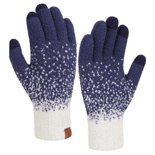Bequemer Laden Winter Warm Damen Handschuhe Thermo Winterhandschuhe Elegant Jacquard Strickhandschuhe mit Elastisch Manschette Geschenk für Frauen, Marineblau von Bequemer Laden
