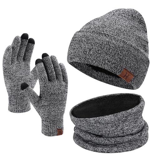 Bequemer Laden Wintermütze Herren Strickmütze, Rundschal, Touchscreen Handschuhe - Sets, Warme Handschuhe Winterschal und Mütze mit Fleecefutter, Grau, one size von Bequemer Laden