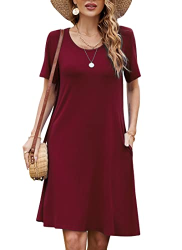 Bequemer Laden Damen Casual Sommer Tshirt Kleid Locker Rundhals Kurzarm Midi Kleider Knielang Elegant Sommerkleid Strandkleid mit Taschen, A Weinrot, XL von Bequemer Laden