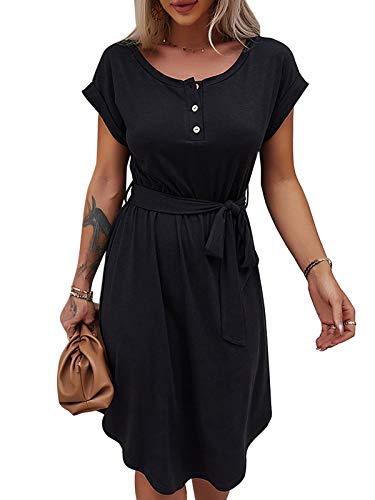 Bequemer Laden Damen Sommer Kleid Knopfleiste Kurzarm Midi Kleider Elegant Sommerkleid Businesskleid mit Taille Krawatte 2023, A Schwarz, S von Bequemer Laden