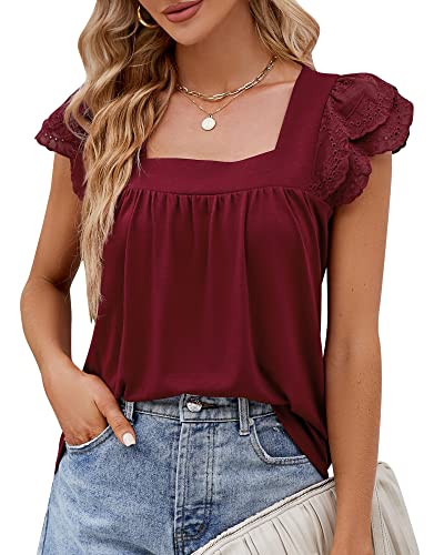 Bequemer Laden Damen Frühling Sommer Eckigem Ausschnitt T-Shirt Spitze Rüschen Kurzarm Tunika Oberteile Top 2023, Burgund, L von Bequemer Laden