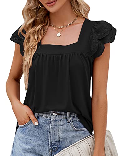 Damen Frühling Sommer Eckigem Ausschnitt T-Shirt Spitze Rüschen Kurzarm Tunika Oberteile Top 2023, Schwarz, L von Bequemer Laden