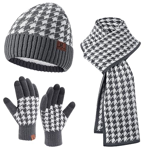 Damen Herren Winter Warm Beanie Mütze Lang Schal Touchscreen Handschuhe Set mit Fleece Gefütterte, Kariert Wintermütze Strickmütze Schals Winterhandschuhe Frauen Geschenk Weihnachten, Marineblau Weiß von Bequemer Laden