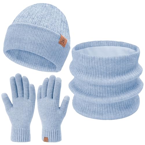 Damen Herren Winter Warm Beanie Mütze Loop Schal Schlauchschal Touchscreen Handschuhe Set mit Fleece Gefütterte Wintermütze Strickmütze Mützen Frauen Geschenk Weihnachten, (3 Stück) Blau von Bequemer Laden