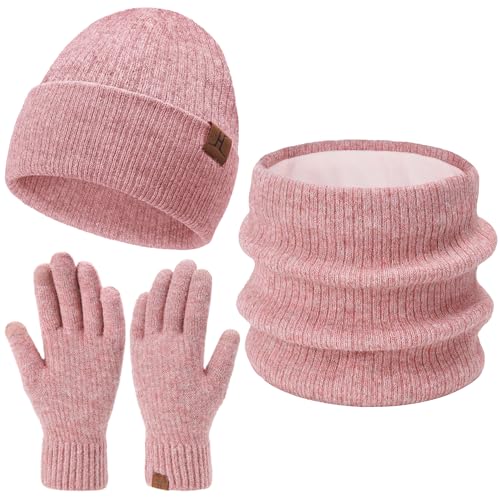 Damen Herren Winter Warm Beanie Mütze Loop Schal Schlauchschal Touchscreen Handschuhe Set mit Fleece Gefütterte Wintermütze Strickmütze Mützen Frauen Geschenk Weihnachten, (3 Stück) Rosa von Bequemer Laden