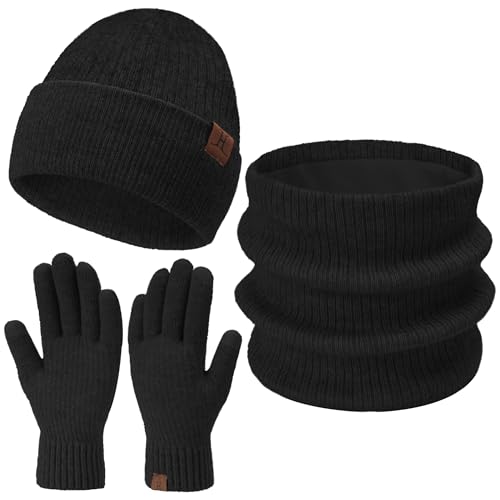 Damen Herren Winter Warm Beanie Mütze Loop Schal Schlauchschal Touchscreen Handschuhe Set mit Fleece Gefütterte Wintermütze Strickmütze Mützen Frauen Geschenk Weihnachten, (3 Stück) Schwarz von Bequemer Laden