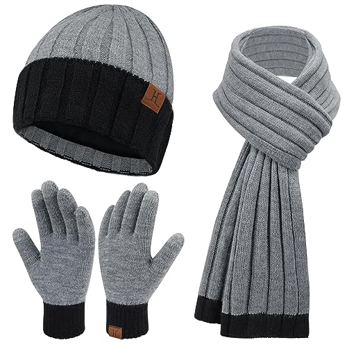 Damen Herren Winter Warm Beanie Mütze Touchscreen Handschuhe Lang Schal Set, Thermo Wintermütze Strickmütze Winterhandschuhe Strickhandschuhe Schals Frauen Geschenk Weihnachten, Hellgrau von Bequemer Laden