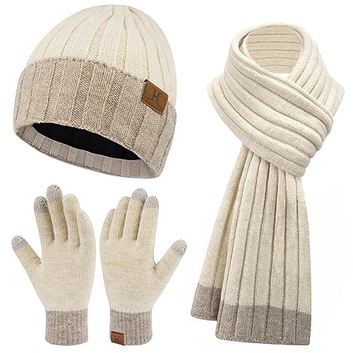 Damen Herren Winter Warm Beanie Mütze Touchscreen Handschuhe Lang Schal Set, Thermo Wintermütze Strickmütze Winterhandschuhe Strickhandschuhe Schals Frauen Geschenk Weihnachten, Leichte Aprikose von Bequemer Laden