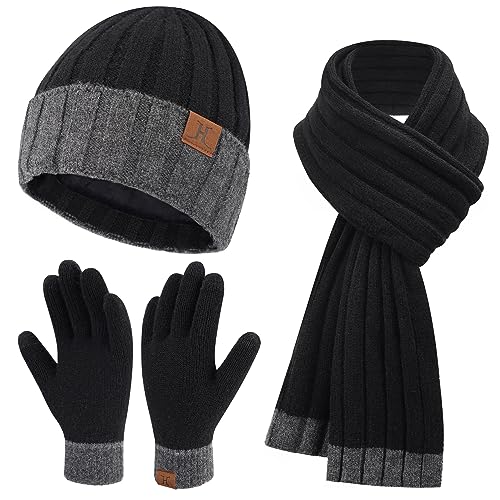 Damen Herren Winter Warm Beanie Mütze Touchscreen Handschuhe Lang Schal Set, Thermo Wintermütze Strickmütze Winterhandschuhe Strickhandschuhe Schals Frauen Geschenk Weihnachten, Schwarz von Bequemer Laden