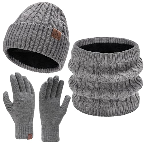Damen Herren Winter Warm Beanie Mütze Touchscreen Handschuhe Loop Schal Set mit Fleece Gefüttert, Strickmütze Wintermütze Schlauchschal Winterhandschuhe Frauen Männer Geschenk, Hellgrau von Bequemer Laden