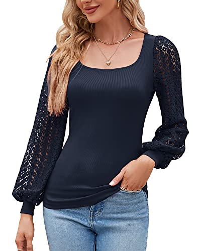 Damen Mesh Puffy Langarm Eckigem Ausschnitt Bluse Sexy Bodycon T-Shirt Oberteile Top Sommer Frühling 2023, Dunkelblau, M von Bequemer Laden