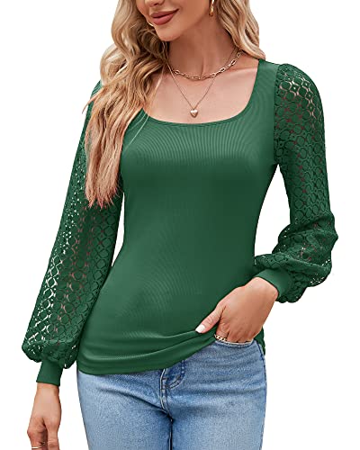 Damen Mesh Puffy Langarm Eckigem Ausschnitt Bluse Sexy Bodycon T-Shirt Oberteile Top Sommer Frühling 2023, Dunkelgrün, L von Bequemer Laden