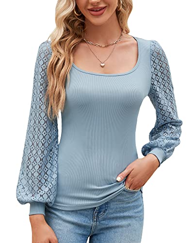 Damen Mesh Puffy Langarm Eckigem Ausschnitt Bluse Sexy Bodycon T-Shirt Oberteile Top Sommer Frühling 2023, Grau Blau, L von Bequemer Laden