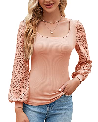 Damen Mesh Puffy Langarm Eckigem Ausschnitt Bluse Sexy Bodycon T-Shirt Oberteile Top Sommer Frühling 2023, Hell Rosa, L von Bequemer Laden