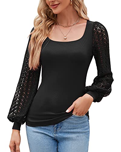 Damen Mesh Puffy Langarm Eckigem Ausschnitt Bluse Sexy Bodycon T-Shirt Oberteile Top Sommer Frühling 2023, Schwarz, XL von Bequemer Laden