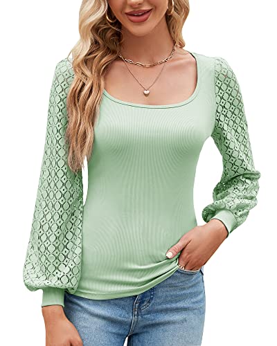 Damen Mesh Puffy Langarm Eckigem Ausschnitt Bluse Sexy Bodycon T-Shirt Oberteile Top Sommer Frühling 2023, See Grün, L von Bequemer Laden