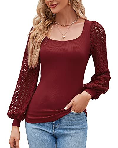 Damen Mesh Puffy Langarm Eckigem Ausschnitt Bluse Sexy Bodycon T-shirt Oberteile Top Sommer Frühling 2023, Weinrot, L von Bequemer Laden