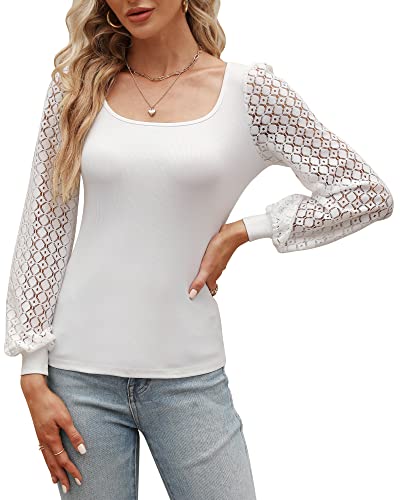 Damen Mesh Puffy Langarm Eckigem Ausschnitt Bluse Sexy Bodycon T-Shirt Oberteile Top Sommer Frühling 2023, Weiss, M von Bequemer Laden