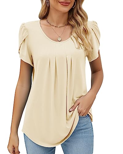 Damen Rundhals Blütenblätter Ärmel Bluse Elegant Geraffte Tunika Locker T-shirt Oberteile Top Frühling Sommer 2023, A Aprikose, L von Bequemer Laden