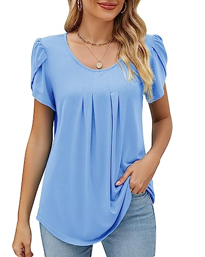 Damen Rundhals Blütenblätter Ärmel Bluse Elegant Geraffte Tunika Locker T-Shirt Oberteile Top Frühling Sommer 2023, A Blau, M von Bequemer Laden