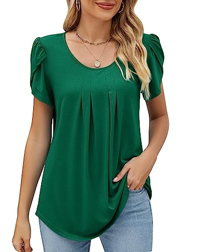 Damen Rundhals Blütenblätter Ärmel Bluse Elegant Geraffte Tunika Locker T-shirt Oberteile Top Frühling Sommer 2023, A Dunkelgrün, XL von Bequemer Laden