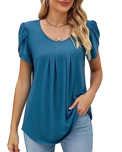 Damen Rundhals Blütenblätter Ärmel Bluse Elegant Geraffte Tunika Locker T-Shirt Oberteile Top Frühling Sommer 2023, A Grau Blau, M von Bequemer Laden