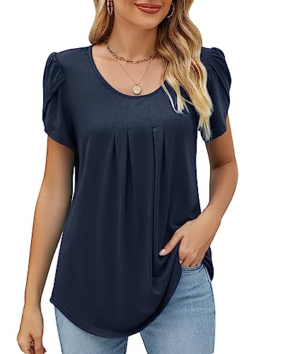 Damen Rundhals Blütenblätter Ärmel Bluse Elegant Geraffte Tunika Locker T-Shirt Oberteile Top Frühling Sommer 2023, A Marineblau, M von Bequemer Laden