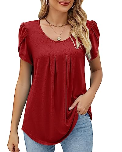 Damen Rundhals Blütenblätter Ärmel Bluse Elegant Geraffte Tunika Locker T-Shirt Oberteile Top Frühling Sommer 2023, A Rot, L von Bequemer Laden