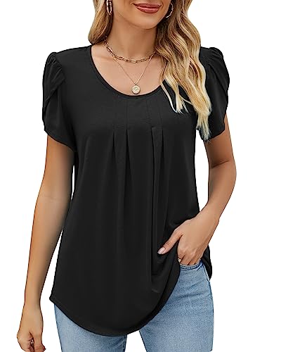 Damen Rundhals Blütenblätter Ärmel Bluse Elegant Geraffte Tunika Locker T-Shirt Oberteile Top Frühling Sommer 2023, A Schwarz, L von Bequemer Laden