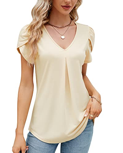 Damen Sommer Blütenblatt Kurzarm T-Shirt V-Ausschnitt Elegant Bluse Geraffte Bedruckte Tunika Oberteile Top 2023, A Aprikose, XXL von Bequemer Laden