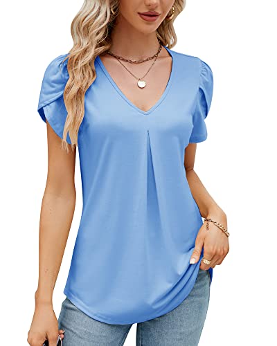 Damen Sommer Blütenblatt Kurzarm T-Shirt V-Ausschnitt Elegant Bluse Geraffte Bedruckte Tunika Oberteile Top 2023, A Blau, XL von Bequemer Laden