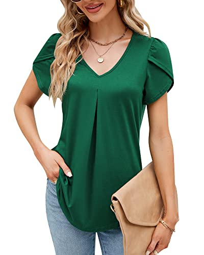 Damen Sommer Blütenblatt Kurzarm T-Shirt V-Ausschnitt Elegant Bluse Geraffte Bedruckte Tunika Oberteile Top 2023, A Dunkelgrün, L von Bequemer Laden